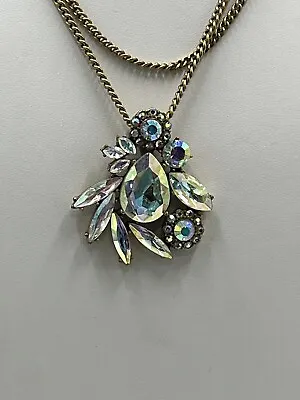 J. Crew Long Crystal Rainbow AB Shiny Pendant Gold Tone Chain Floral Necklace • $28.99