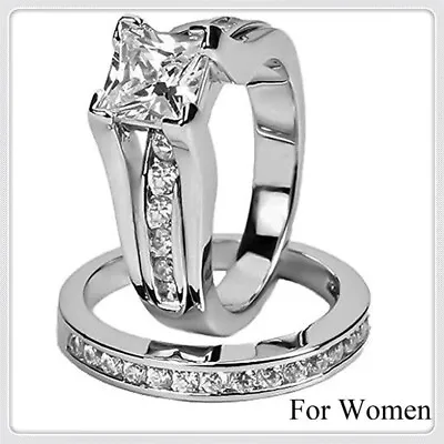 Women's Fashion Silver White Zircon Princess Cut Engagement Ring Set Size 5-10  • $1.44