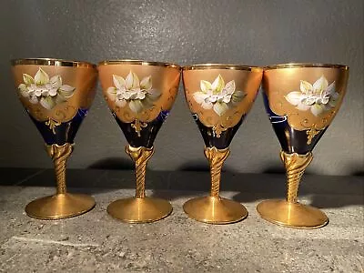 4 Vintage Murano Glass Cobalt Blue 24K Gold Floral Wine Glasses • $300