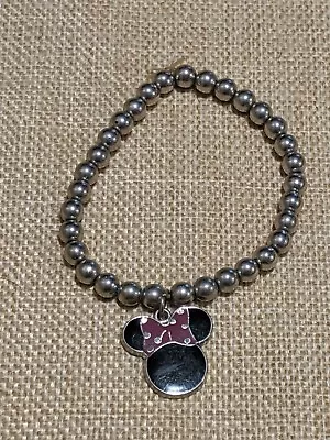 Disney Silver Tone Minnie Mouse Pink Bow Charm Stretch Bead Bracelet • $5.59