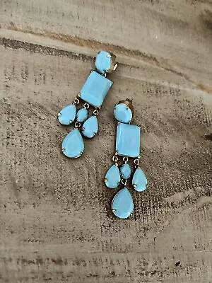 J Crew Signed Turquoise Blue Resin Stone Drop Chandelier Gold Beaded Earrings • $29.74