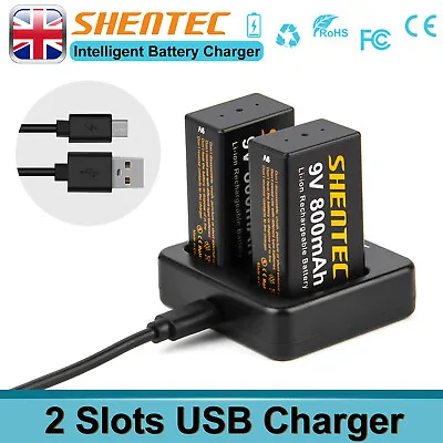 9V 800mAh Rechargeable Batteries 9V PP3 Lithium-ion Battery / 2 Slot USB Charger • £10.92