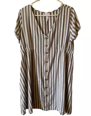 Isabel Maternity Striped Dress Brown & White Size XL Stretch Waist Short Button • $17.99