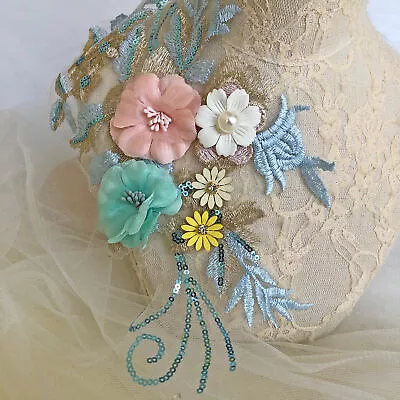 Delicate Lace Flower Applique Sequined Beaded Embroidery Wedding Accessories • £5.99