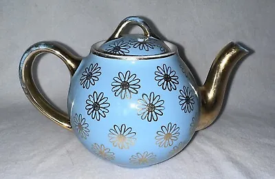 Vintage Hall Teapot Blue With Gold Daisy MCM Design 045 GL 6 Cup ~ Gold Label • $24.99