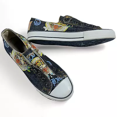 Retro Ed Hardy Denim Canvas Graphic Sneakers Women's Size 8 • $100