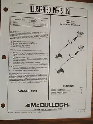 New Mcculloch Titan 2100 2250 String Trimmer Parts List August 1994 • $8.65