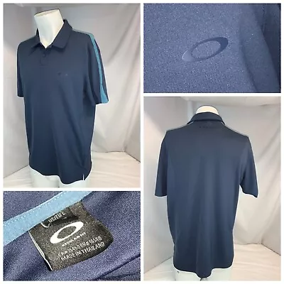 Oakley Golf Polo Shirt L Men Blue Poly Side Stripe Mint Cond YGI J0-405 • $24.99