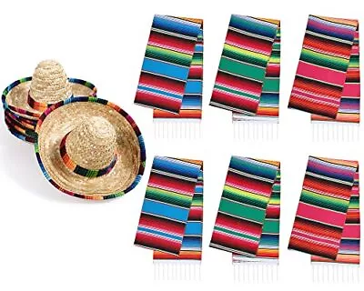  12 Pcs Mexican Serape Table Runner Mini Sombrero Straw Hats Mexican Theme  • $66.84