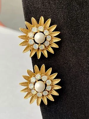 Vtg Estate Sunflower Earrings Clip On Gold Tone Rhinestone Faux Pearl Reg 269 • $5.99
