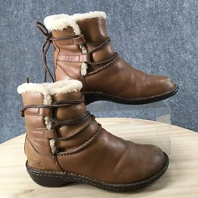 UGG Boots Womens 7 Caspia Snow Brown Leather Sheepskin Lace Up Ankle Top Comfort • $40.99