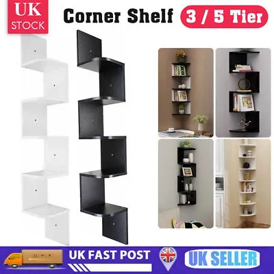 3/5 Tier Floating Wall Shelves Corner Shelf Storage Wood Display Bookcase Unit • £12.99