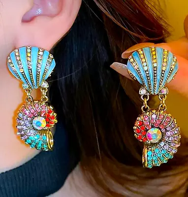 Colorful MERMAID Ocean SHELLS Rhinestone Conch Sea Shell Betsey Johnson Earrings • $16.99