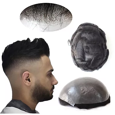 Natural Mens Toupee Human Hair Replacement System Thin Skin V-loop Hairpiece #1B • £95.99