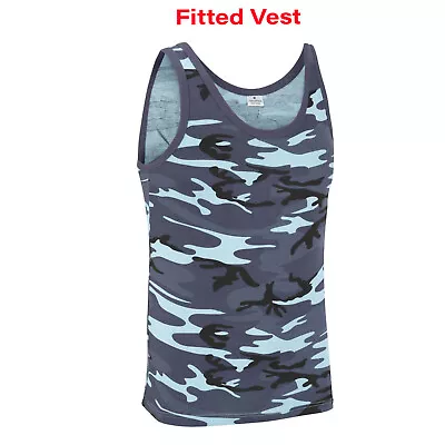 Army Vest Military Combat US Sleeveless Fancy Dress Tank Top Midnight Blue Camo • £9.49