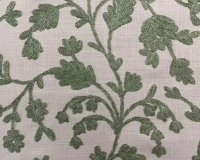 Lucca Embroidered Linen Fabric Thyme Green Fibre Naturelle Curtain Roman Blind • £2.99
