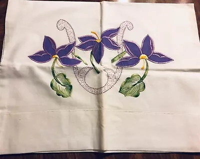 Vintage Handmade Pillowcase Standard Size White With Floral Iris Appliques • $16