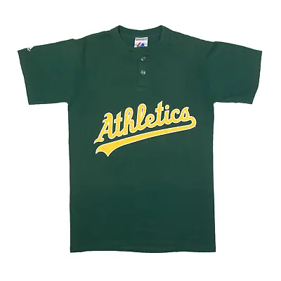 MAJESTIC Button Up Athletics T-Shirt Green Short Sleeve Mens S • £8.99