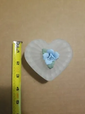  Frosted Heart Glass Trinket Box With Blue Ceramic Rose • $15