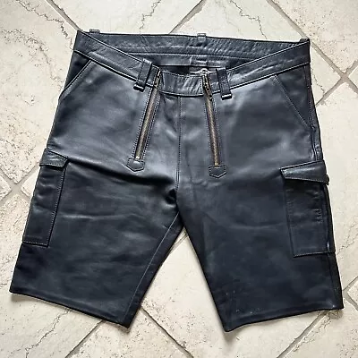 Mr. S Black Leather Dbl Zip Zipper Shorts Men’s Gay Interest Pockets Sz 37 • $300