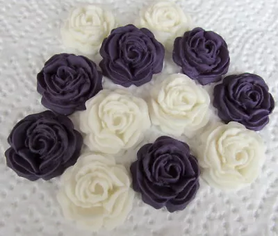 12 PURPLE & IVORY ROSES Edible Sugar Paste Flowerscake Cupcake Wedding Birthday • £5.25