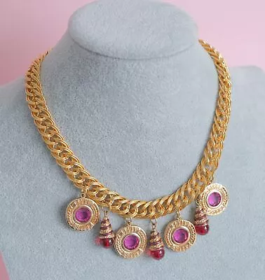 Vintage Made With Swarovski Savvy Pink Red Crystal Gold Tone Metal Bib Necklace • $89