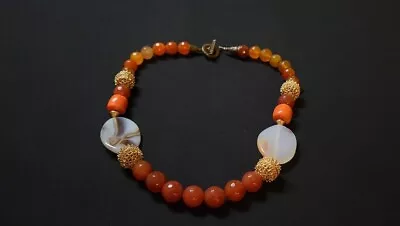 Vintage Mediterranean Coral Agate Brass Necklace • $20