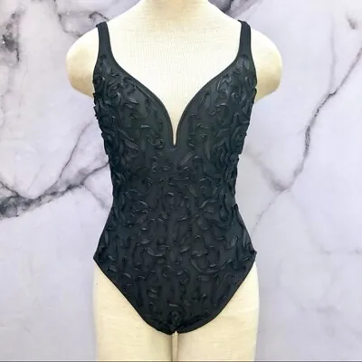 Vintage 90s La Blanca Black Ribbon Textured Low Back Bodysuit Swimsuit Size 8 • $44.99