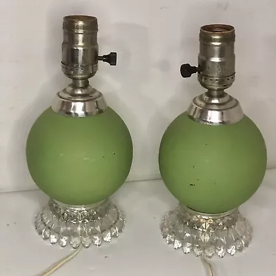 Vtg Pair Of 8.5” MCM Green Glass Boudoir Bedside Table Lamps Glass Base • $44