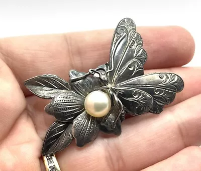 Vintage Sterling Butterfly Pearl Wings Leaves Flower Large Brooch Pin (11.3g) • $19.99