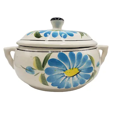 Mexican Hand Made Painted Decorative Lidded Bean Pot Blue Floral Casserole • $44