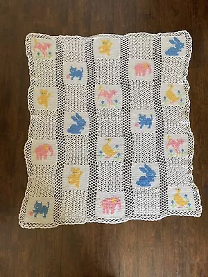 Vintage Handmade Crochet Baby Crib Nursery Blanket Afghan Pastel Animals CUTE!! • $25.49