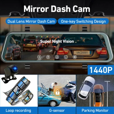 $76.99 • Buy 10  Touch 1440P Dual Lens Car DVR Dash Cam Video Camera Recorder Rearview Mirror