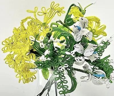 Vintage Beaded Flowers French Seed Bead Arrangement Hydrangea Bridal Bouquet • $79.99