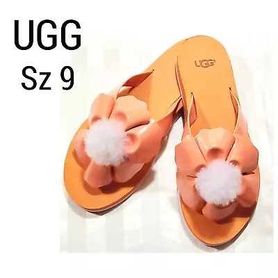 New UGG Poppy Genuine Shearling Pompom Women's Flip Flips Flop Sandal Sz 9 • $29.99