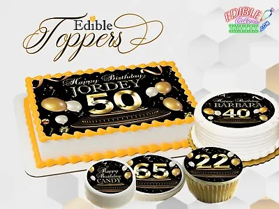 Black And Gold Birthday Cake Topper Edible Paper Sugar Sheet Cupcakes 40 50 60 • $7.50