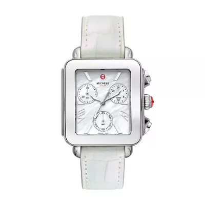 New Michele Deco Sport Chronograph Steel White Leather MWW06K000066 Ladies Watch • $489