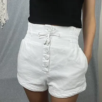 Alice McCall Denim Shorts Size 6 White Paperbag Elastic High Waisted Designer • $34.95