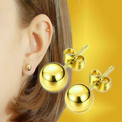 5mm Women Kids Men 18K Gold Plated 316L Surgical  Steel Ball Ear Stud Earrings • £3.99