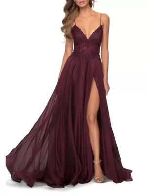 NWT  La Femme Chiffon With Sheer Floral Lace Bodice Gown Dress In Garnet Sz 4 • $129.99