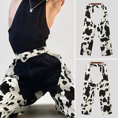 Mens Cargo Cow Printed Buckle Pants Crotch Hollow Hip Hop Jogging Dance Trousers • £20.51