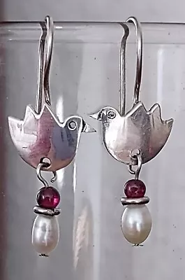 Mexico Sterling Silver Tiny Bird Pearl Garnet Bead 925 Dangle Earrings! 4Spring • $25