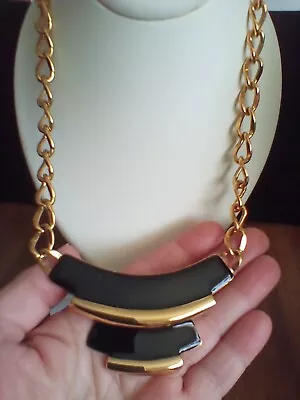 Monet Gold Tone And Black Enamel Necklace Large Geometric Shaped Pendant  • $17