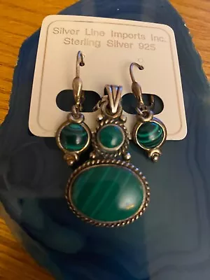 Vintage  Malachite And Sterling Silver Pendant & Earrings • $44.50