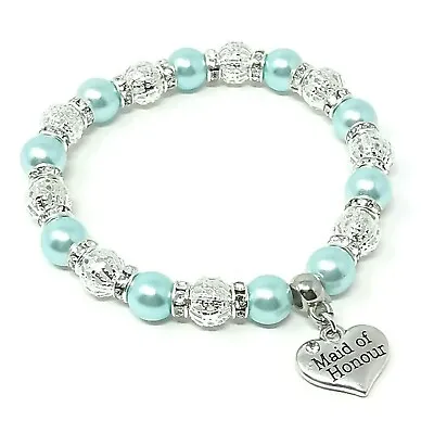 £4.75 • Buy Personalised Aqua Blue Wedding Favour Bridesmaid Bride Charm Bracelet & Gift Bag