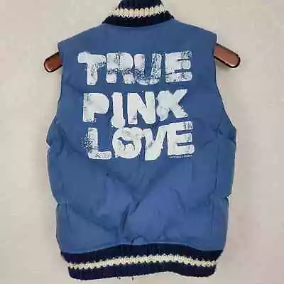 Victoria's Secret PINK Womens Vest Sz XS Blue Graphic Zip Up Quilted Down Puffer • $22