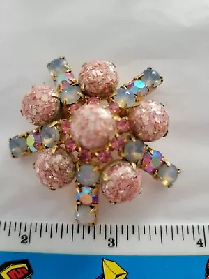 Vintage Pink Rhinestone Borealis Goldtone Star Burst Brooch Pin • $49