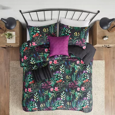 BLACK FLORAL King 7pc COMFORTER SET : COTTAGE FLOWERS SPRING GARDEN • $110.49