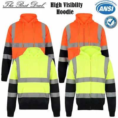 Hi Vis ANSI Class 3 Safety Pullover Full Zipper Hooded Sweatshirt Fleece Hoodie • $34.88