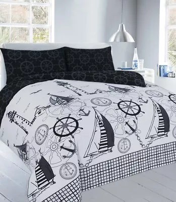 Nautical Black Sailor Anchor Print Duvet Cover Pillowcase Bedding Set • £15.50